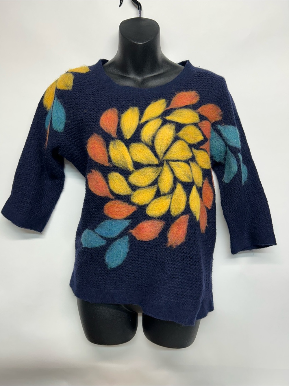 Navy Floral Felted Wool Blend Sweater troubadour small wool Anthropologie